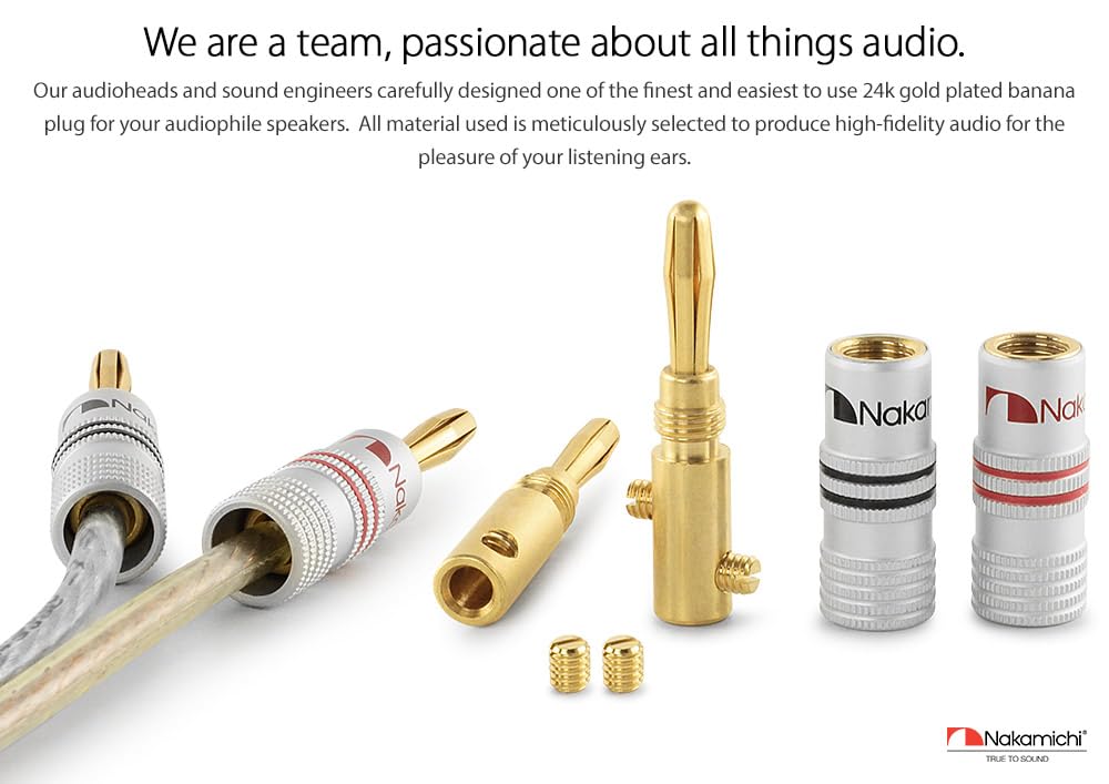 Nakamichi Excel Series 24k Gold Plated Banana Plug 12 AWG - 18 AWG Gauge Size 4mm for Speakers Amplifier Hi-Fi AV Receiver Stereo Home Theatre Radio Audio Wire Cable Screw Connector 12 Pcs (6-Pairs)