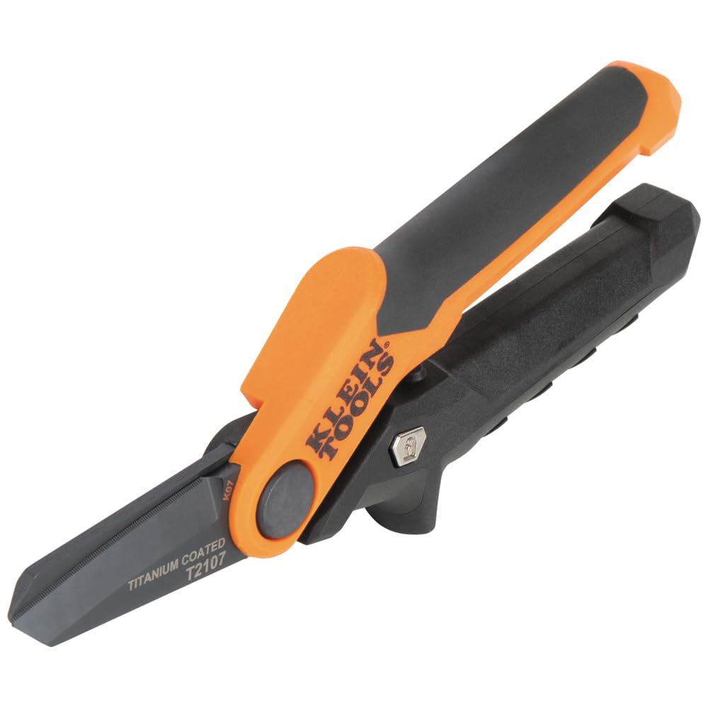 Klein Tools T2107 Titanium Coated Utility Scissors, Compact, Stainless Steel Shears, Serrated Blades, Cuts Heavy-Duty Materials, 7-Inch