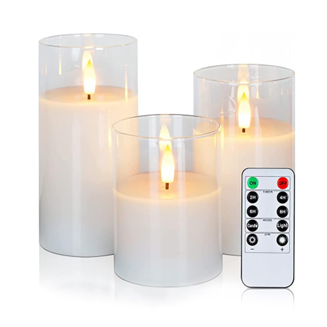 Set of 3 Clear Glass Flameless Candles Flickering with Remote, Battery Operated LED Pillar Candles for Home Decor & Weddings (D3in H4in 5in 6in)