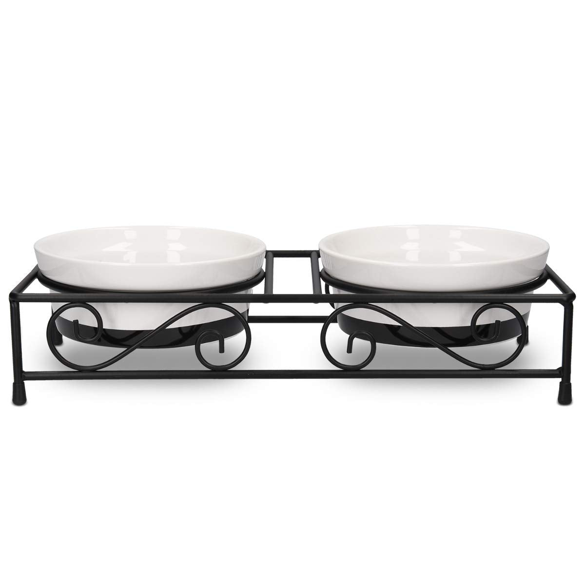 Navaris Ceramic Pet Bowl Set - Food Water Bowls for Cats, Small Dogs and Puppies with Non-Slip Retro Metal Stand - Set of Bowls, 10.8 oz Each