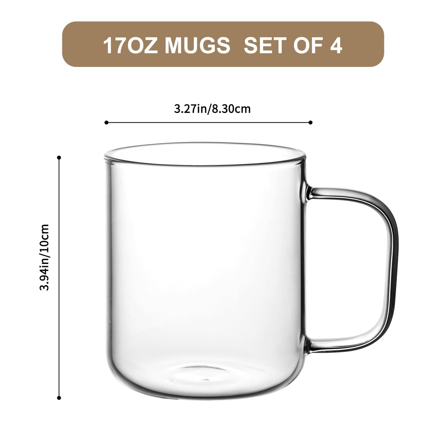 Rechano 17oz/500ml Glass Coffee Mugs Set of 4, Clear Large Wide Mouth Drinking Glasses with Big Handle for Hot/Iced Beverage, Latte, Cappuccino, Juice, Tea, Milk, Dishwasher Safe