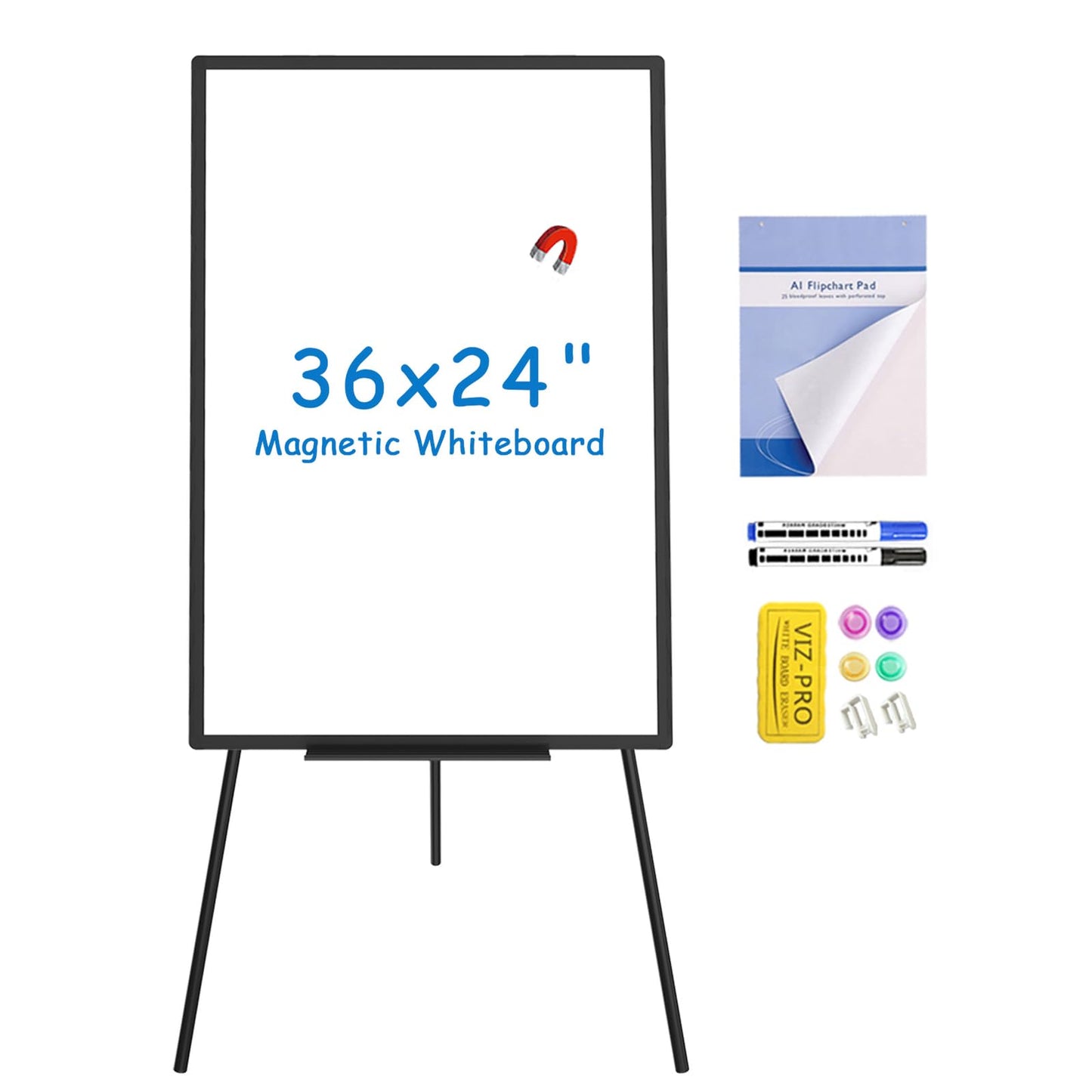 VIZ-PRO Magnetic Whiteboard Easel Black, 36 x 24 Inches, Portable Dry Erase Board Height Adjustable for School Office and Home