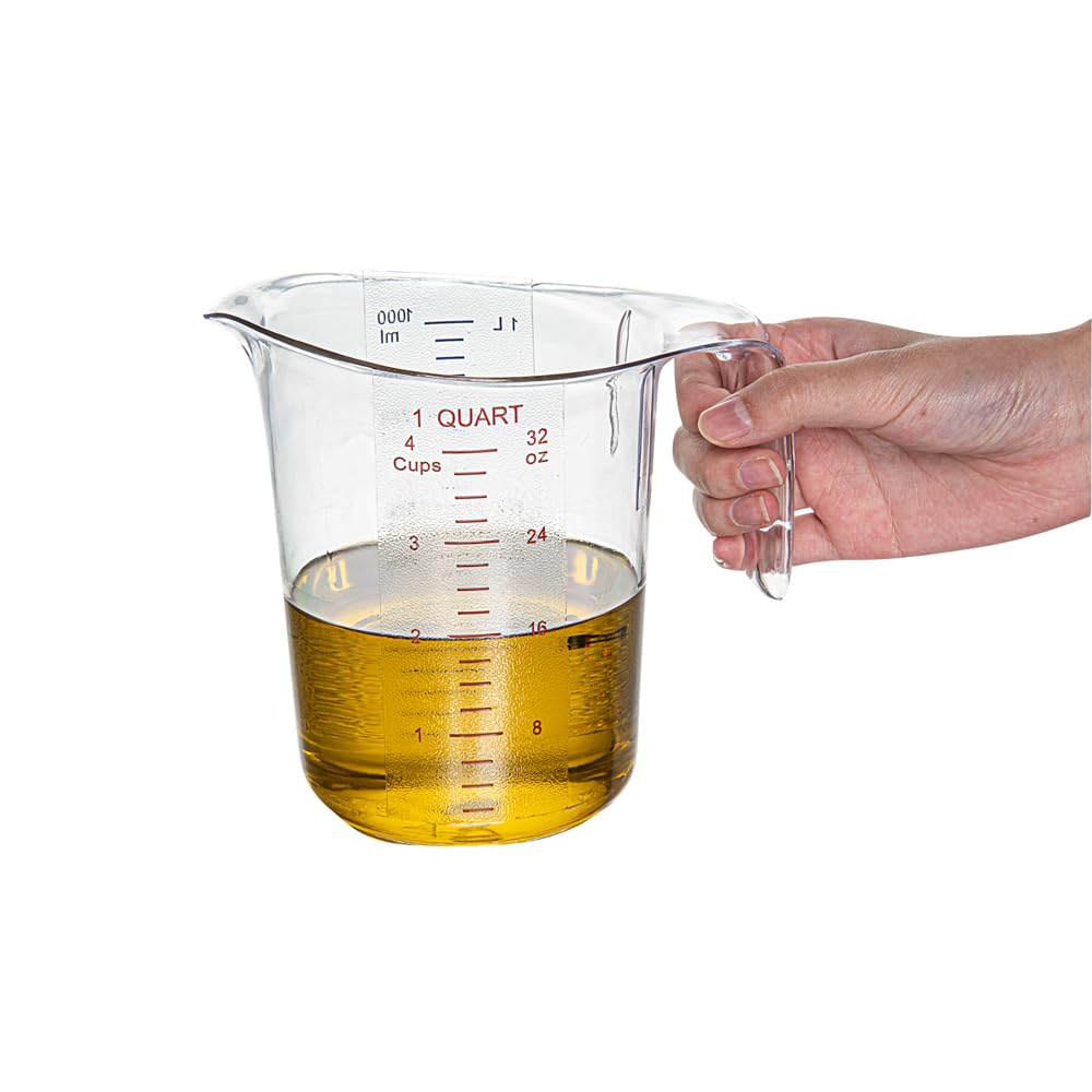 Restaurantware-Chef 101 1 Quart Measuring Jars, 10 Durable Measuring Beakers - Metric and Imperial Units, V-Shaped Spout, Clear Plastic Cups, Handle with Thumb-Grip, Tolerates Up to 248F