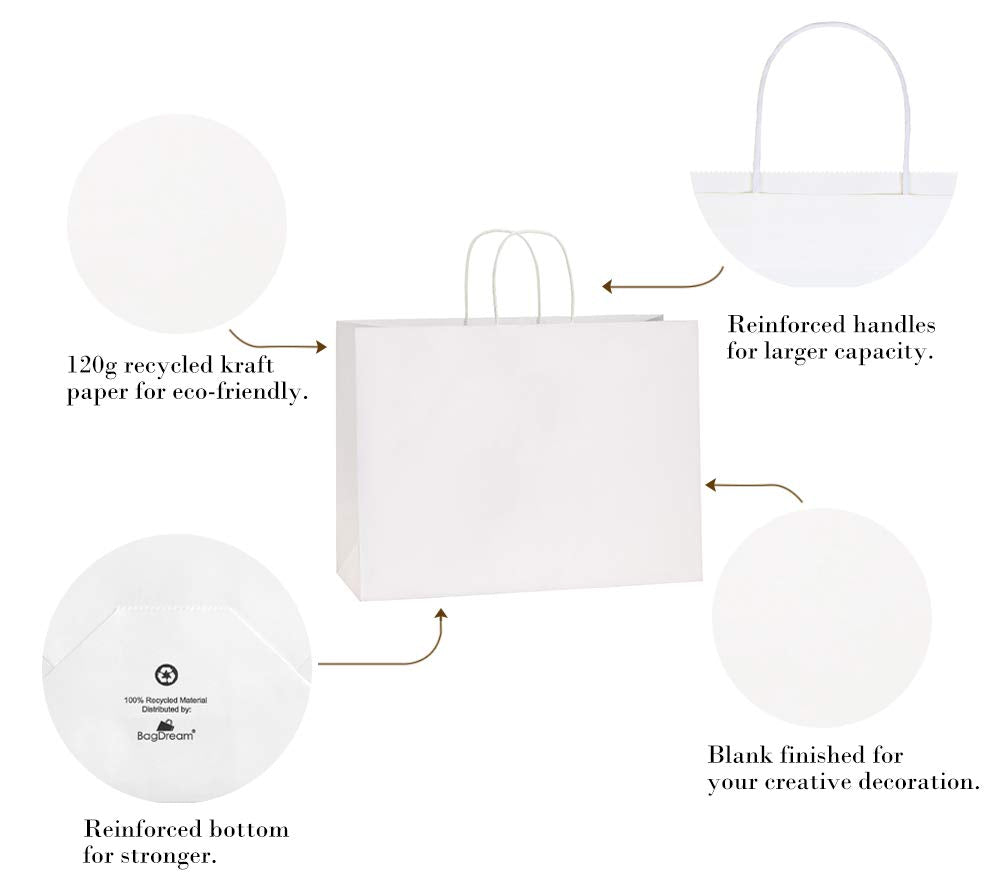 BagDream 16x6x12 Inches 50Pcs White Kraft Paper Bags with Handles Bulk Paper Gift Bags, Shopping Bags, Grocery Bags, Mechandise Bags, Party Bags, 100% Recyclable Large Paper Bags