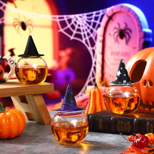 Coume 24 Pcs 6.8oz/ 200ml Spherical Plastic Potion Bottles with Hat Ball Shape Round Bottles for Drink Candy Jar Halloween Party Table Decoration DIY Crafts Gifts Favor