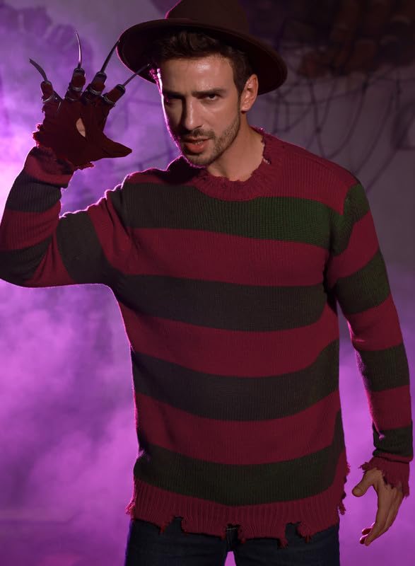 Arvilhill Men's Freddy Krueger Sweater Adult Nightmare on Elm Street Red & Green Striped Jumper Pullover 3XL