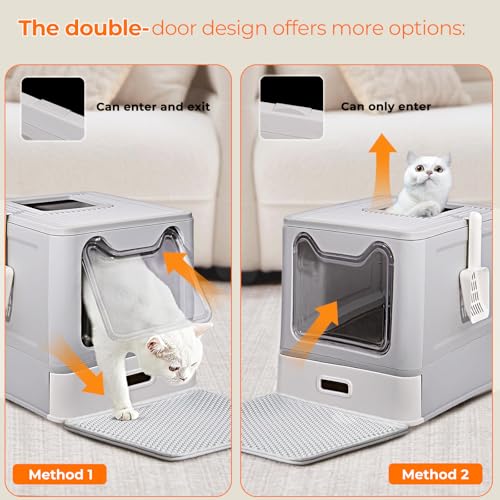 LEEJARD Cat Litter Tray, Stainless Steel Cat Litter Tray with Lid and Extendable Tray, Hop in Cat Litter Tray XXL with Cat Litter Tray Mat & Shovel for Cats up to 15 kg, Easier Cleaning, Leak-Proof