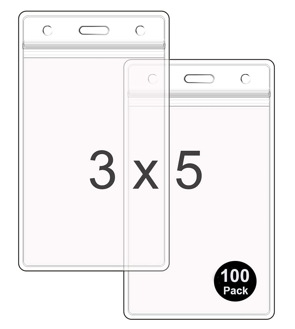 WTQ Large ID Badge Holders (Fit 3"x5" Insert, 100 Pack), Sealable Clear Plastic Name Tag Holders, Vertical Hanging Card Holder with Zipper, Waterproof Vinyl Pouches for Name Badges