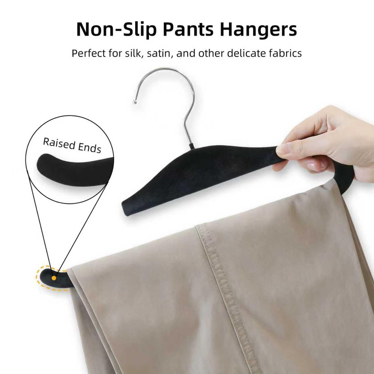 Velvet Pants Hangers, 20 Pack Non-Slip Open Ended Hangers with 360° Swivel Hook Slim Space Saving Jeans Hangers for Pants, Scarves, Ties, Towels, Black