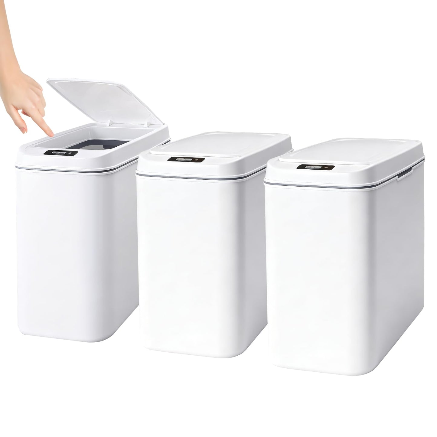 3 Pack Bathroom Trash Can with Lid Touchless Automatic Garbage Can 2.6 Gallon Slim Waterproof Motion Sensor Smart Trash Can Small Plastic Trash Bin for Kitchen Office Living Room Toilet Bedroom White
