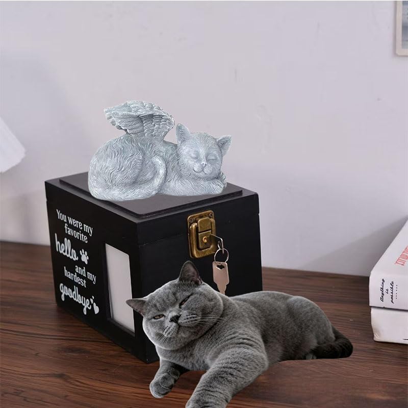 Keepsake Box - Wooden Cat Urn Ashes Memorial Box, Paw Print Urn with Photo Frame and Key, Companion Animal Pet Urns Black Memory Box for Cats Dogs Cremation