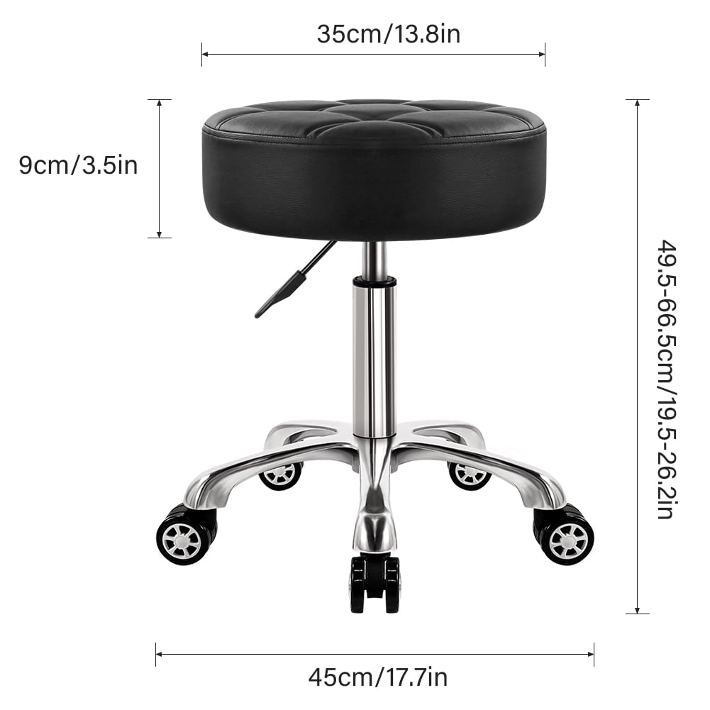 WKWKER Heavy Duty Rolling Stool with Wheels Hydraulic Lift 360 Swivel Adjustable Rolling Stool Thick Leather Ergonomic Seat Stool Chair for Kitchen Drafting Lab Office Salon Message Stool Black