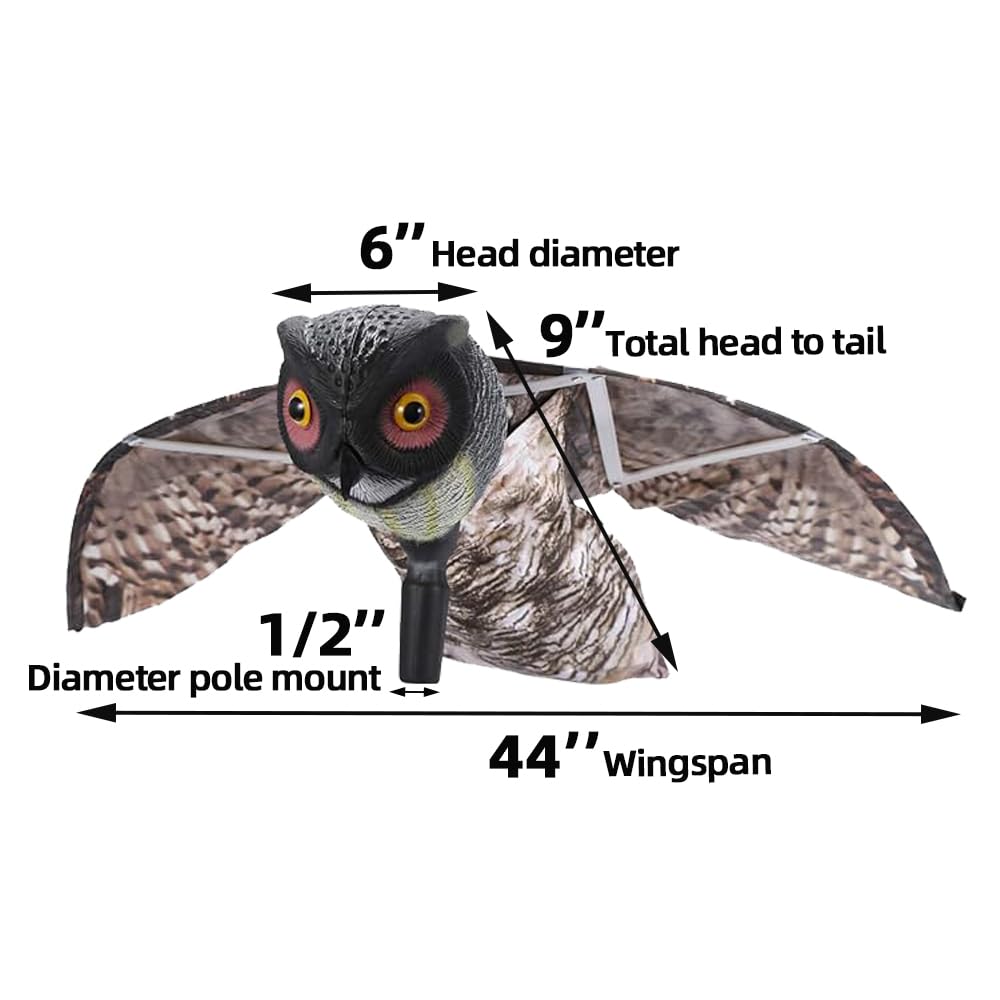 skycabin Realistic Owl Decoy with Moving Wings to Scare Bird Away from Garden,Patio,Fence,Boats,Vulnerable Buildings,Humane Decoy Deterrent Plastic Owl for Crow Pigeon Bird Duck Scarer