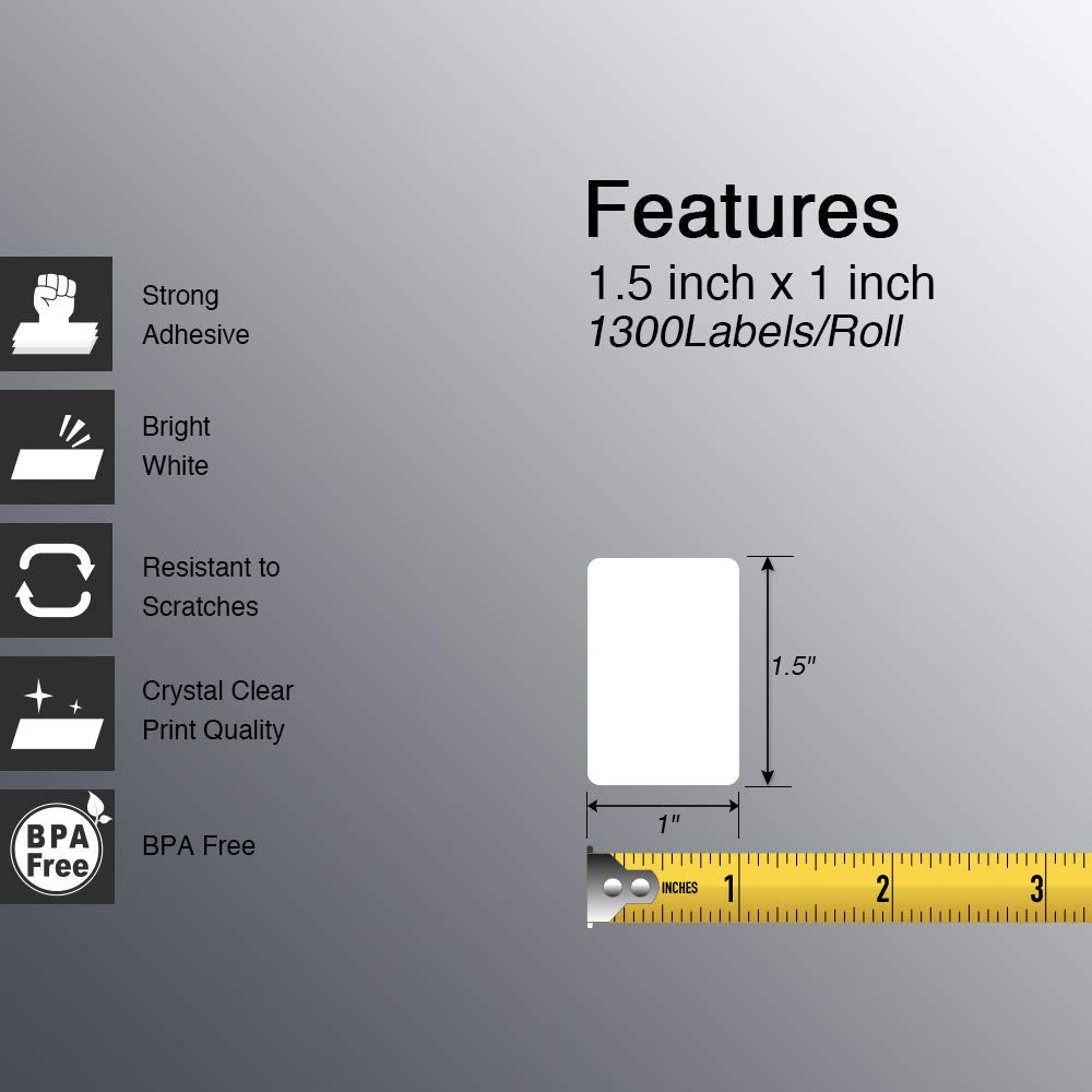 BETCKEY - 1.5" x 1" (38 mm x 25 mm) All Purpose & Address Labels Compatible with Zebra & Rollo Label Printer,Premium Adhesive & Perforated [16 Rolls, 20800 Labels]
