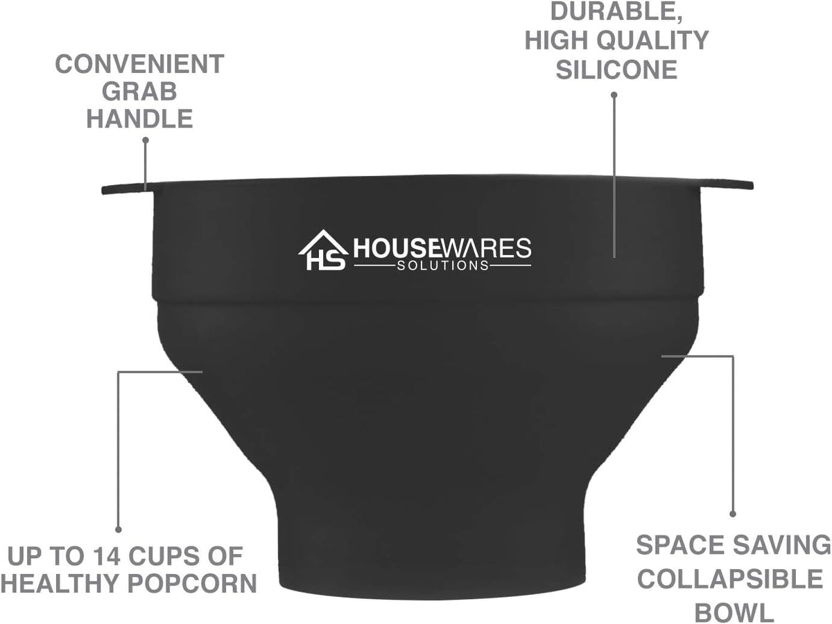 Collapsible Silicone Microwave Hot Air Popcorn Popper Bowl With Lid and Handles - Black