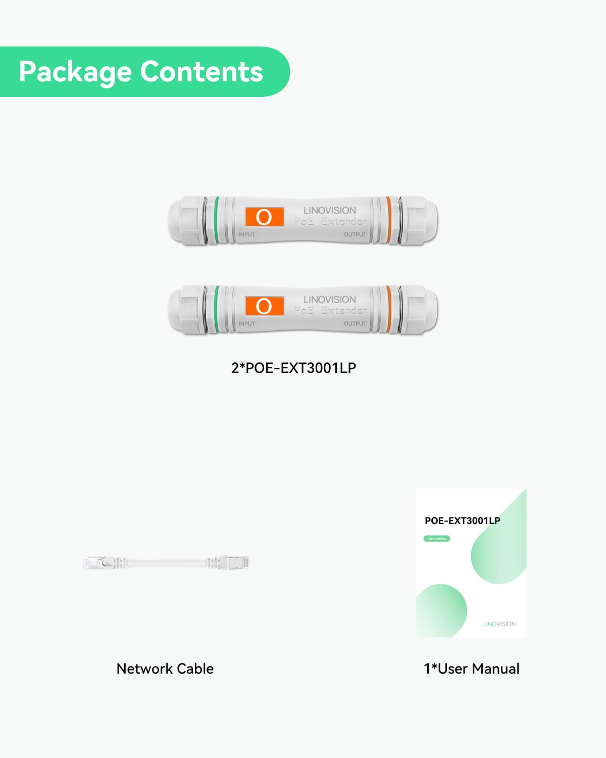 LINOVISION Long Distance Outdoor PoE Extender, Max 2600ft (800m) Power and Data Transmission Over Cat5E/Cat6 IEEE 802.3af/at Waterproof PoE Extender, PoE Repeater for IP Cameras, VoIP Phone (2 Pack)