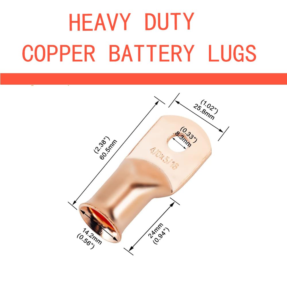 16Pcs 4/0 AWG 5/16" Stud Heavy Duty Copper Wire Lugs with 16Pcs 3:1 Black & Red Heat Shrink Tubing 4/0 Gauge Copper Battery Cable Ends Eyelets Tubular Ring Terminal