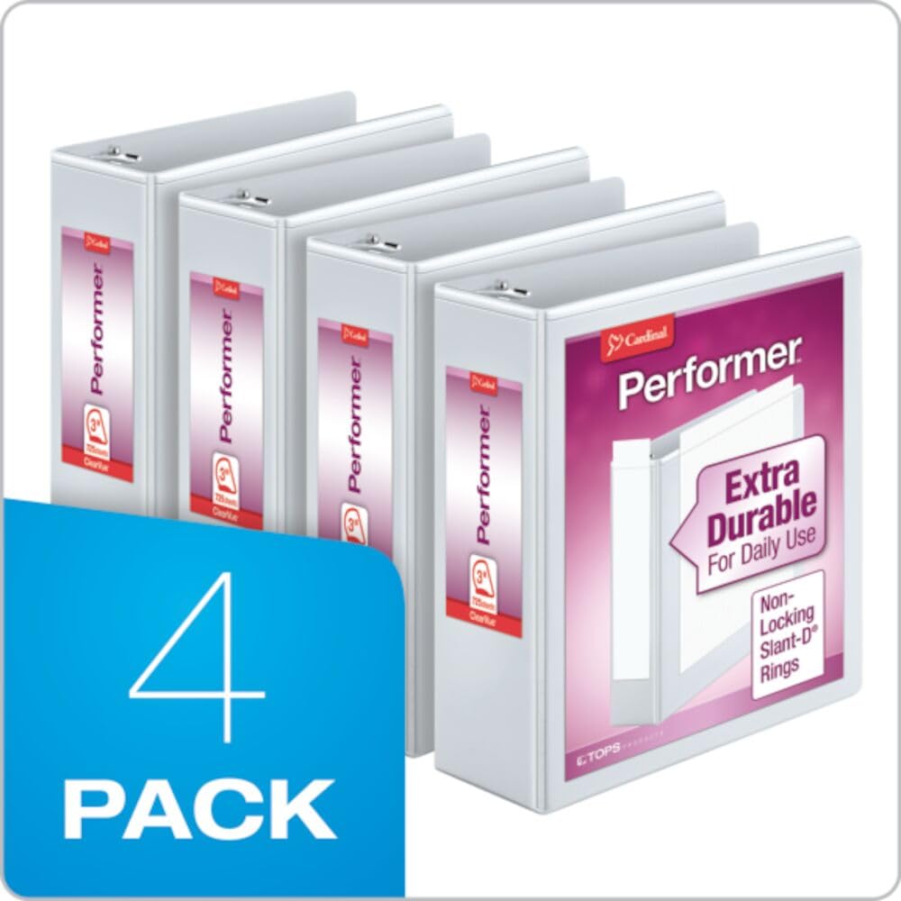 Cardinal Binders 3 Ring, 3 Inch Slant-D Ring, ClearVue Custom Cover, White, Holds 725 Sheets, PVC-Free Non-Stick, XtraLife Hinges, 4-Pack Performer Series for Office or School Organization