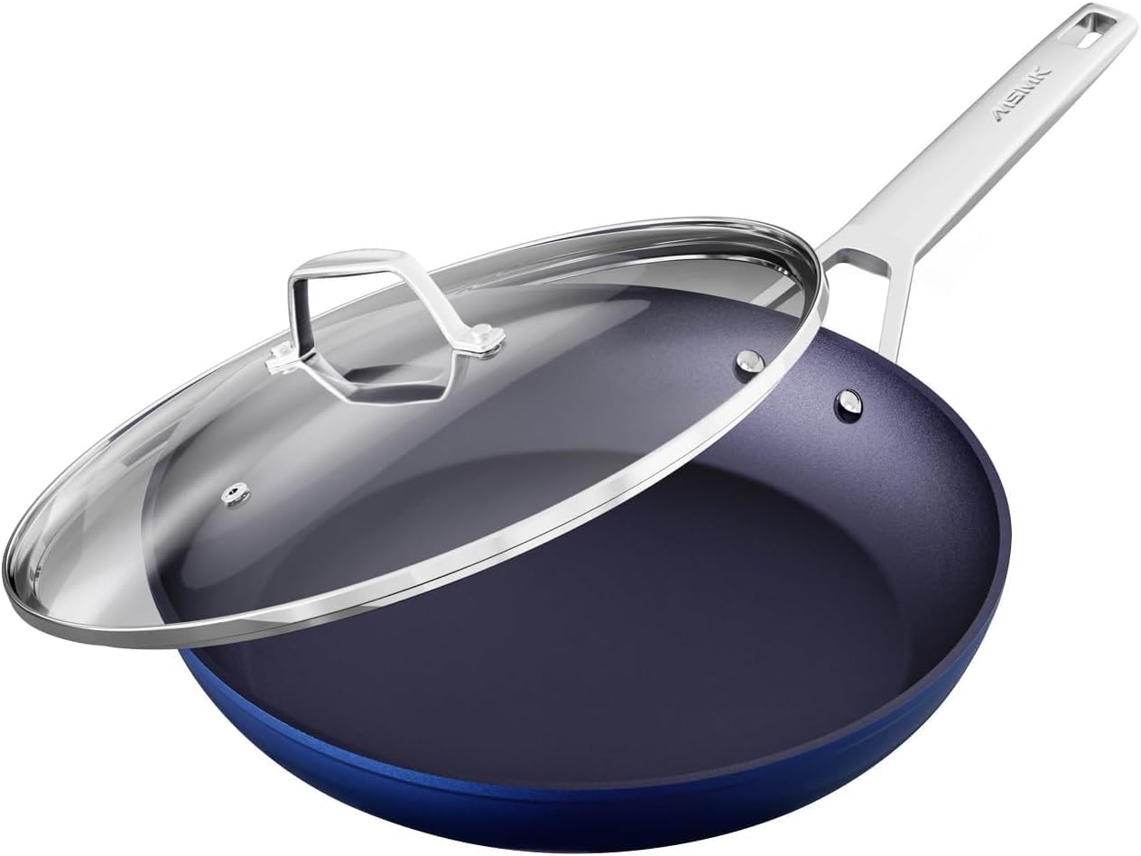 MsMk Non Stick Frying pan Set with lid Blue, 12-inch Durable Skillet, Titanium and Diamond Non Stick Non-Toxic Coating from USA, Even Heating, Easy Clean-Up, Comfort Handle, Induction Compatibility