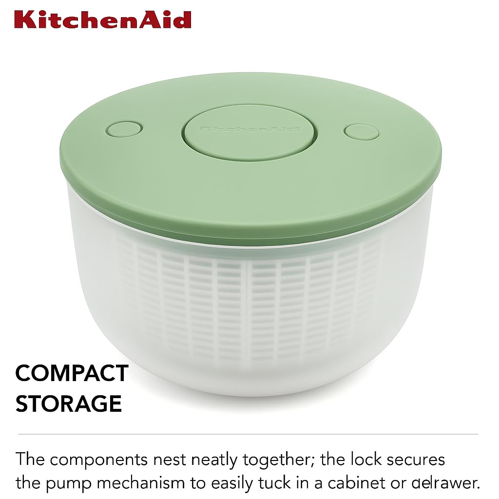 KitchenAid - Universal Salad Spinner with Removable, Colander and One Handed Pump Mechanism, Large Bowl Nests and Features Non Slip Base, 7.43 Quart, Pistachio)
