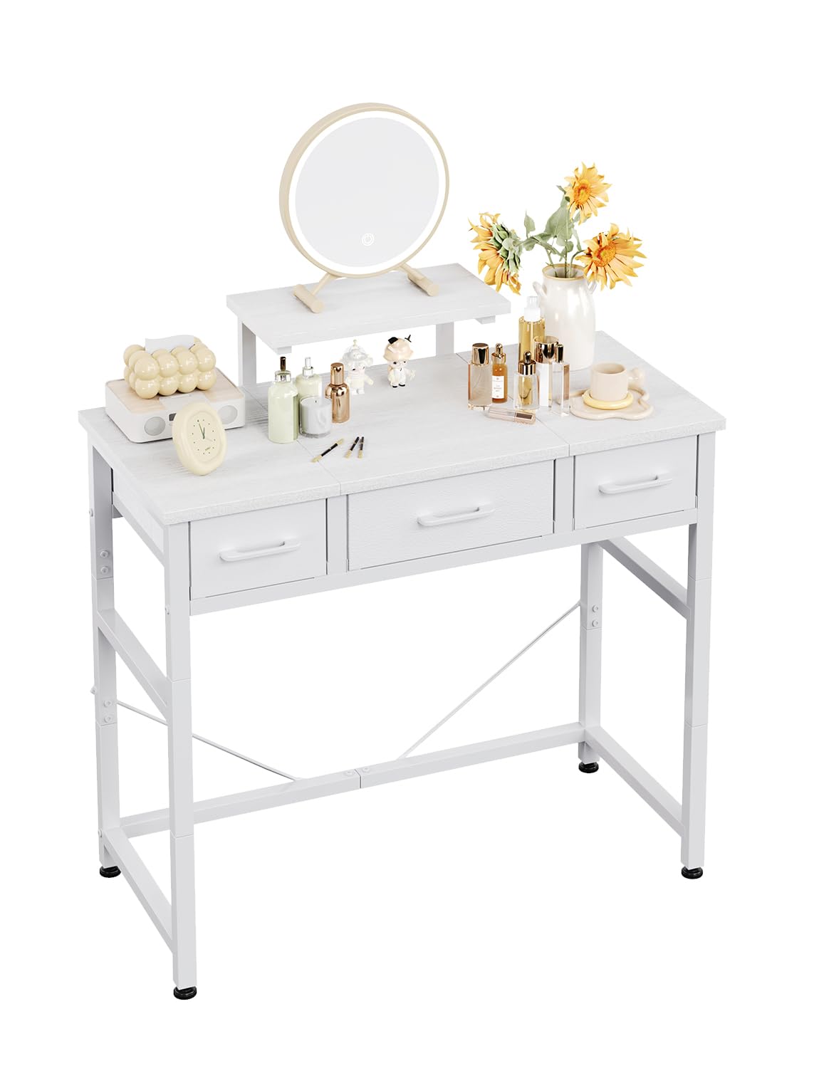 KitMent Small Desk with 3 Fabric Drawers, 30 Inch Computer Desk with Hook, Work for Home Office, Study Table, Kid’s Desk, Makeup Vanity Desks, Made of Wood & Metal, White
