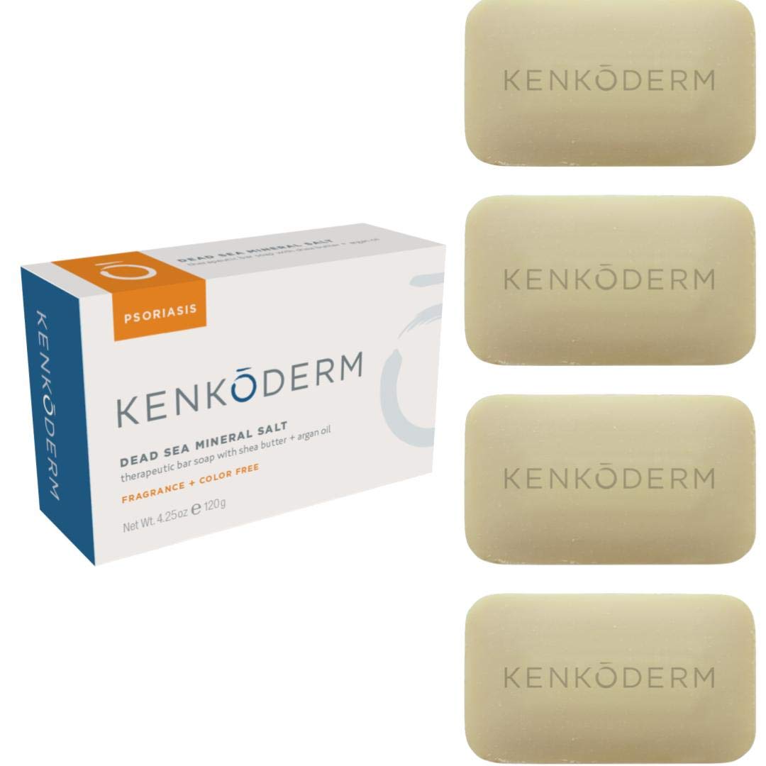Kenkoderm Psoriasis Dead Sea Mineral Salt Soap with Argan Oil & Salicylic Acid, Natural Exfoliating Body & Face Cleanser for Sensitive Skin, Color & Fragrance Free, 4.25 Ounce, Pack of 4 Bars
