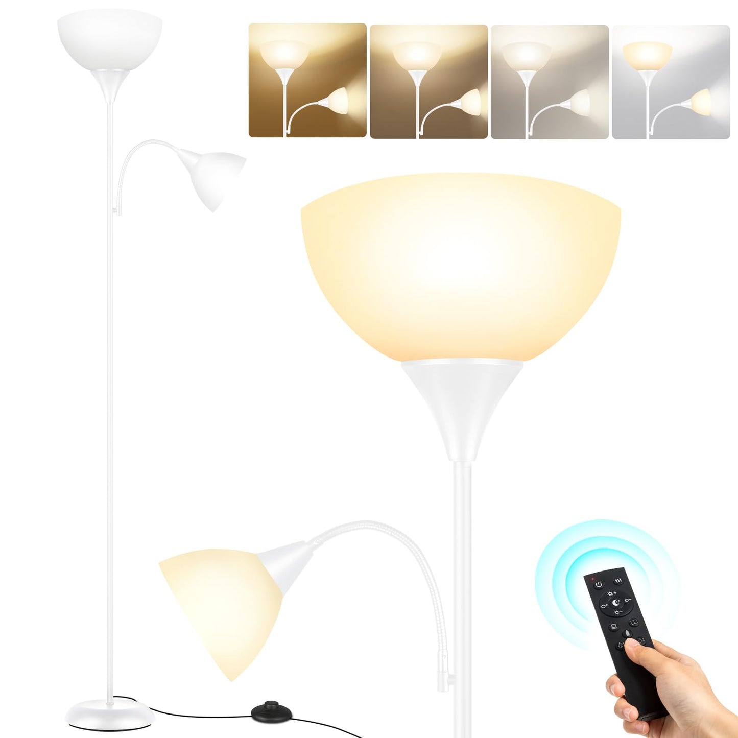 OUTON LED Floor Lamp, 70" Tall Torchiere Floor Lamp + Adjustable Reading Light, Modern Dimmable Standing Lamp with Remote Control, Corner Lamp for Living Room Bedroom Office, White