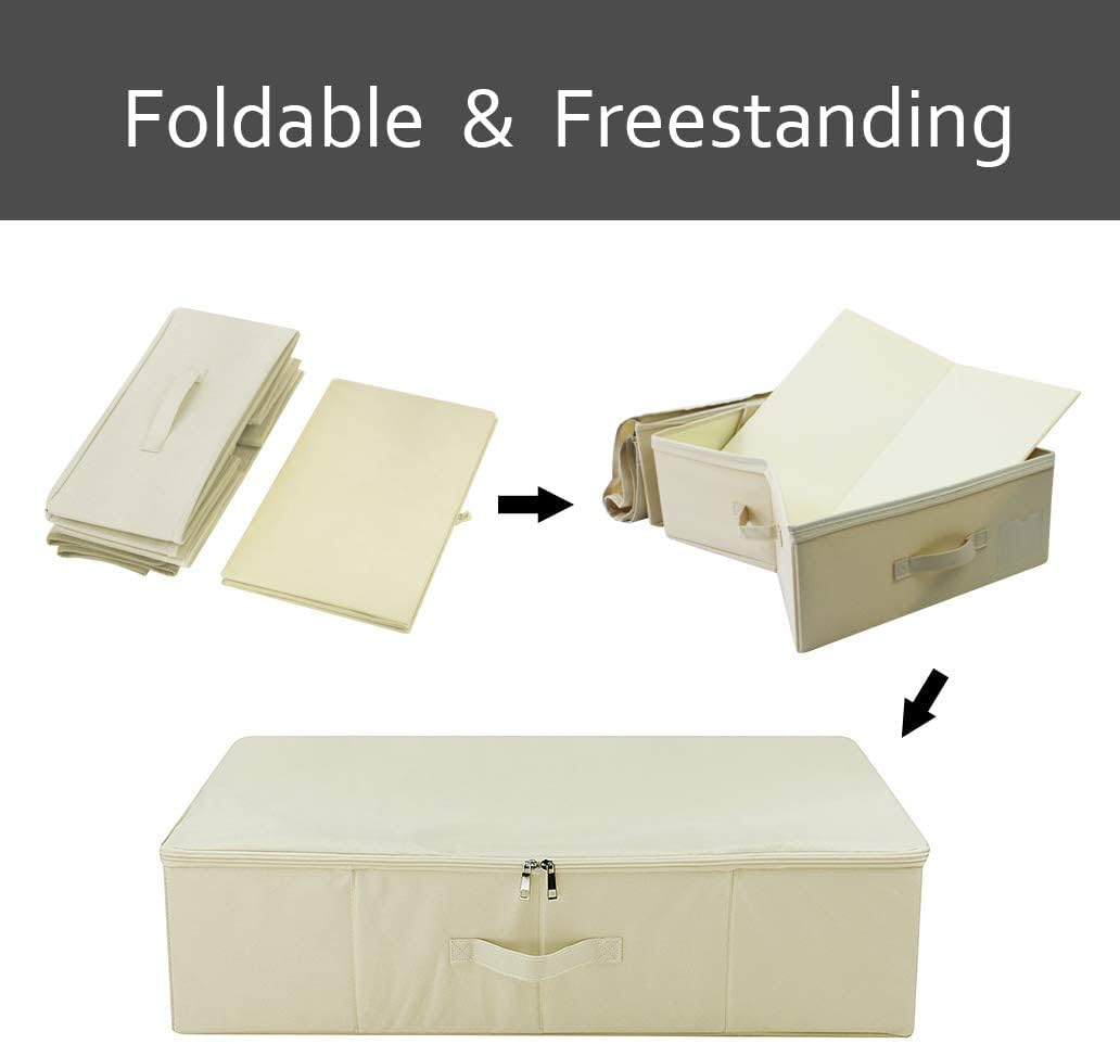 iwill CREATE PRO Pack of 2 Fabric Folding Under Bed Storage Box Organizer with Lid, Collapsible Blankets, Duvets Storage Baskets, Beige
