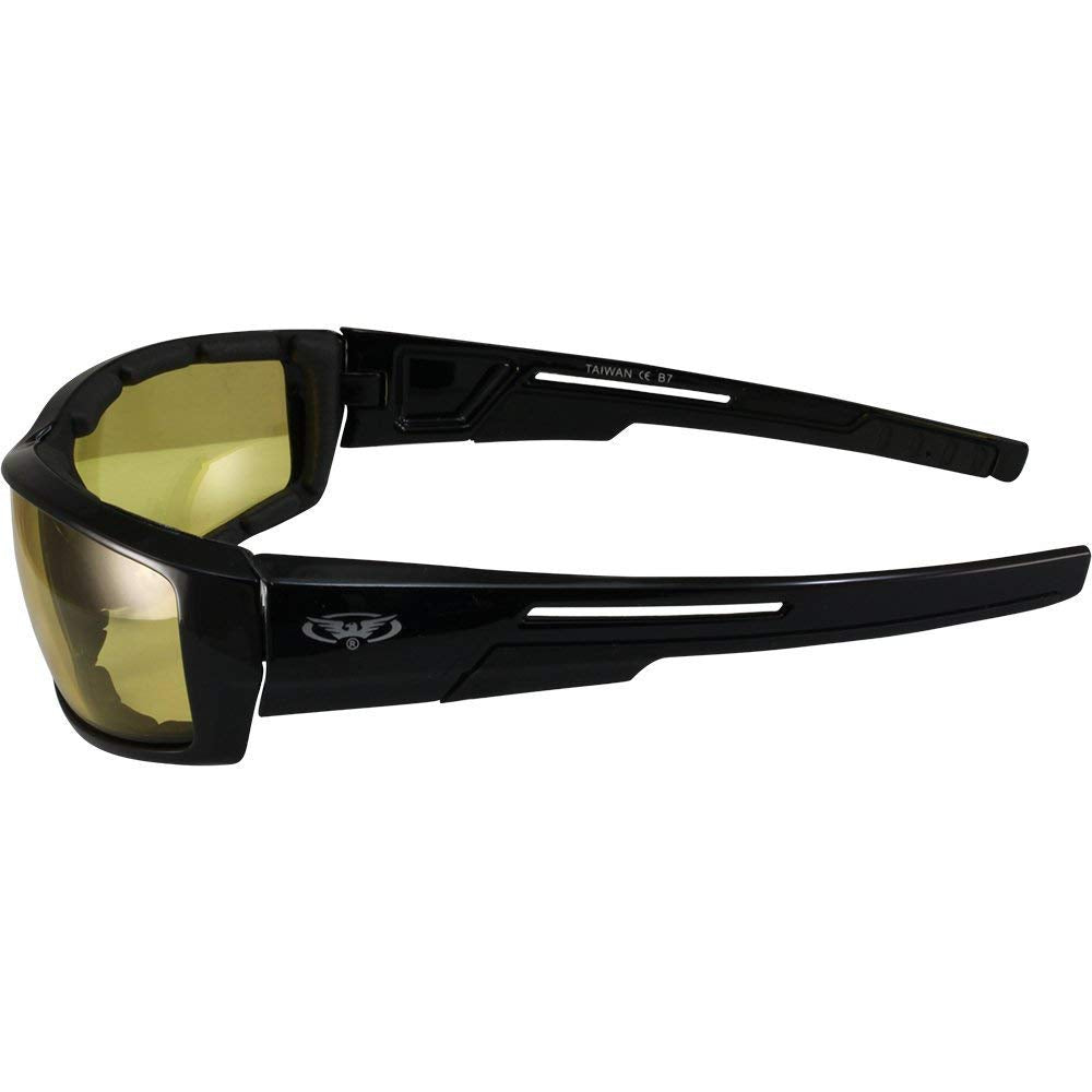 Global Vision 2 Pair of Sly Padded Motorcycle Sunglasses Gloss Black Frames with Smoke and Yellow Lenses