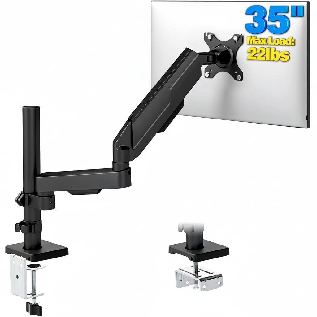 Single Monitor Stand - Adjustable Arm Mount for 17-35 Inch Screens, Ergonomic VESA Mount with C Clamp/Grommet Base, Each Arm Holds up to 22lbs, Black