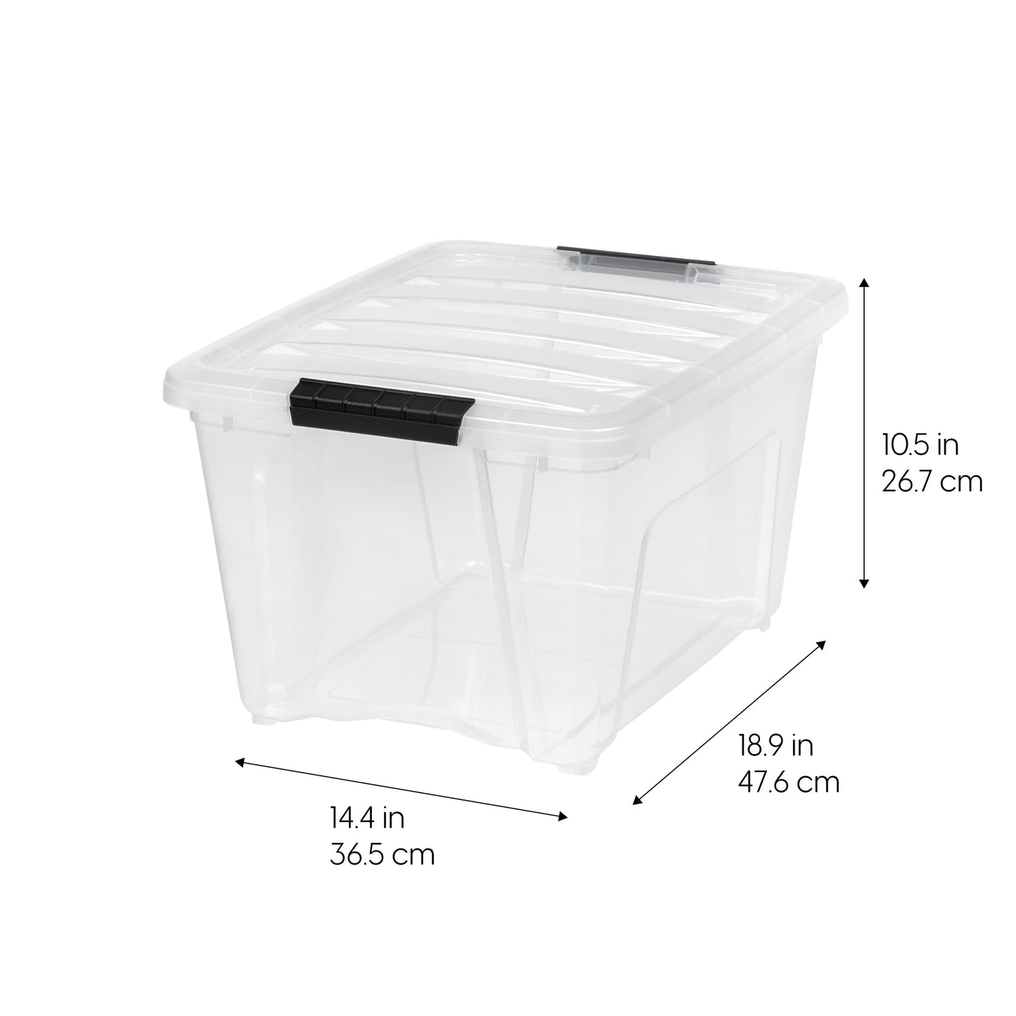 IRIS USA 30 L Plastic Storage Box with Lid and Latches - 4 Pack - BPA-Free, See-Through Organizing Solution, Durable Nestable Stackable Containers, Secure Pull Handle - Clear