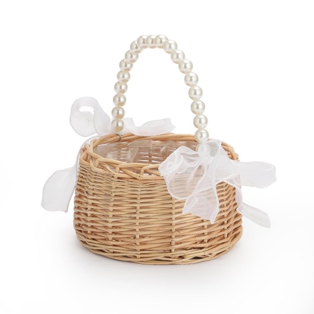 Wicker Rattan Flower Girl Basket Wedding Small with Pearl Handle and White Bow Fairy Handwoven for Home Decorations