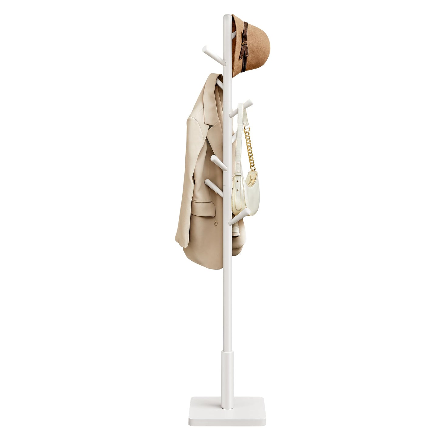 VASAGLE Solid Wood Coat Rack, Free Standing Hall Coat Tree with 8 Hooks, 3 Height Options, for Coats, Hats, Bags, Purses, for Entryway, Hallway, Rubberwood Hooks and Pole, Cloud White URCR010W02