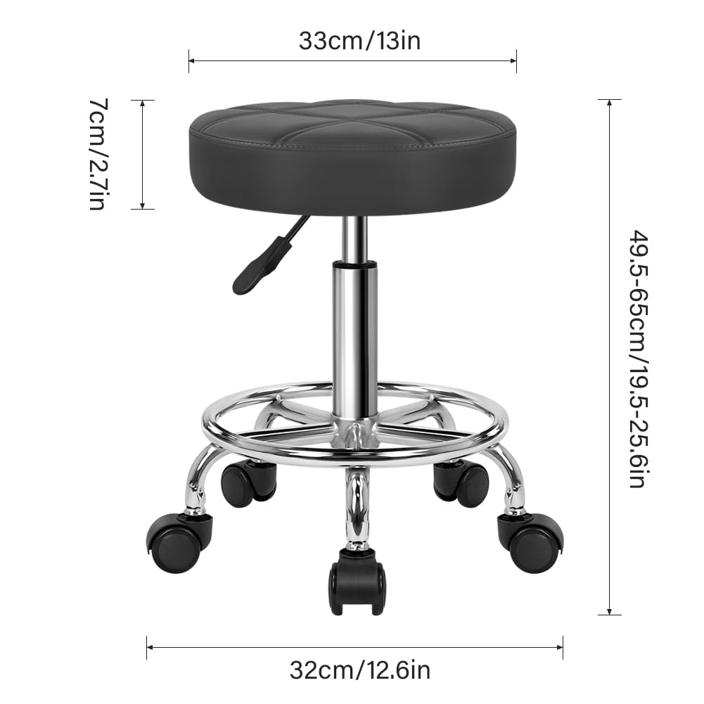 WKWKER Round Rolling Stool with Footrest PU Leather Height Adjustable 360° Swivel Stool with Wheels Office Stool Chair Home Drafting Work Studio Shop SPA Salon Small (Grey)