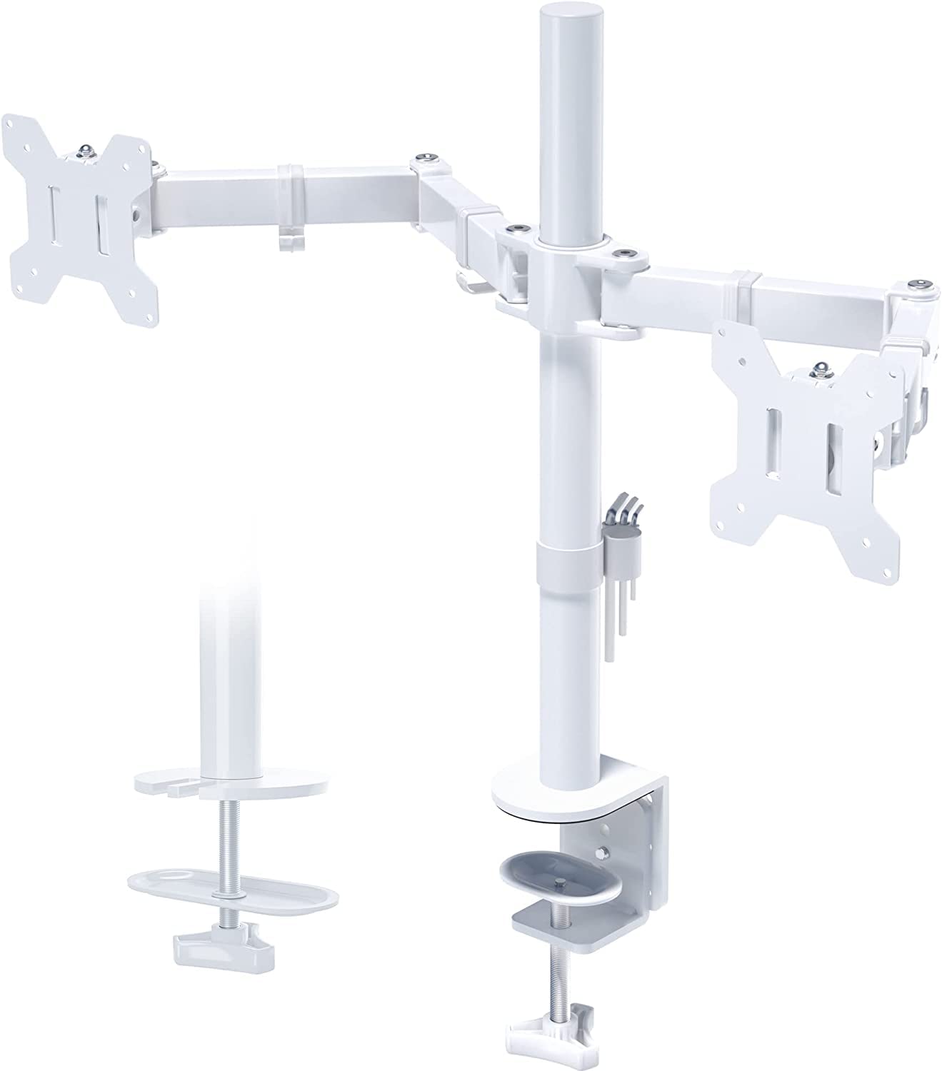 BONTEC Dual Monitor Mount for 13-27" LCD LED PC Screens, VESA 75/100, Height Adjustable, 90° Tilt, 180° Swivel, 360° Rotation, Ergonomic Desk Stand, Dual Monitor Arm Bracket, Cable Management, White