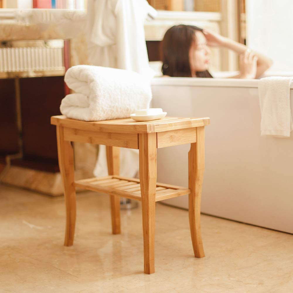 DlandHome Bamboo Bathroom Spa Shower Bench Foot Stool Bathing Seat with Storage Shelf