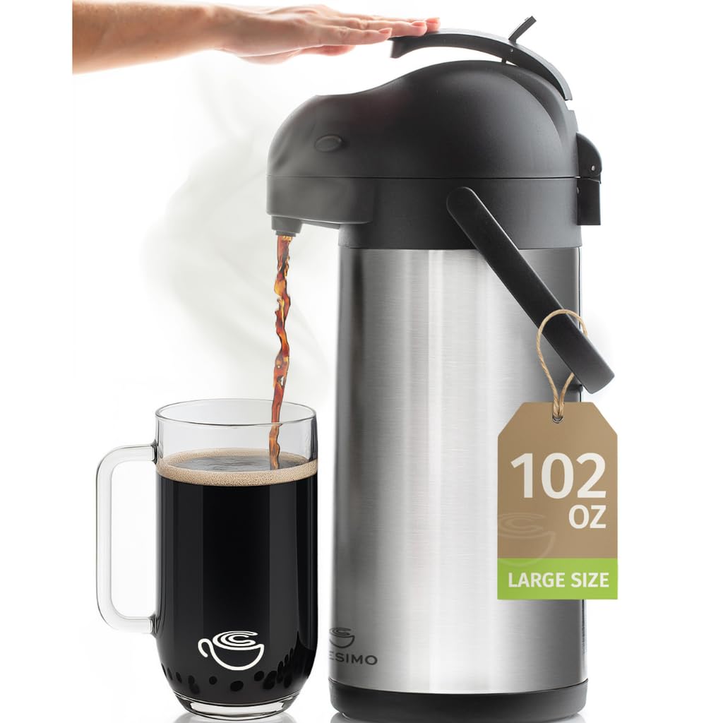 Coffee Carafe with Pump - 102oz / 3L Airpot 12 Hours Large Carafe Hot Cocoa Dispenser for Parties-Hot Water Dispenser, Tea Flask-Insulated Stainless Steel Hot Beverage Dispenser-Thermal Carafe Air Pot