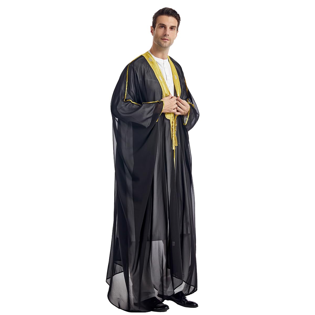 FYMNSI Men's Robe Muslim Clothes Kimono Loose Abaya Dresses Long Sleeve Embroidered Chiffon Kaftan Casual Formal Dubai Thobe, Black, Large