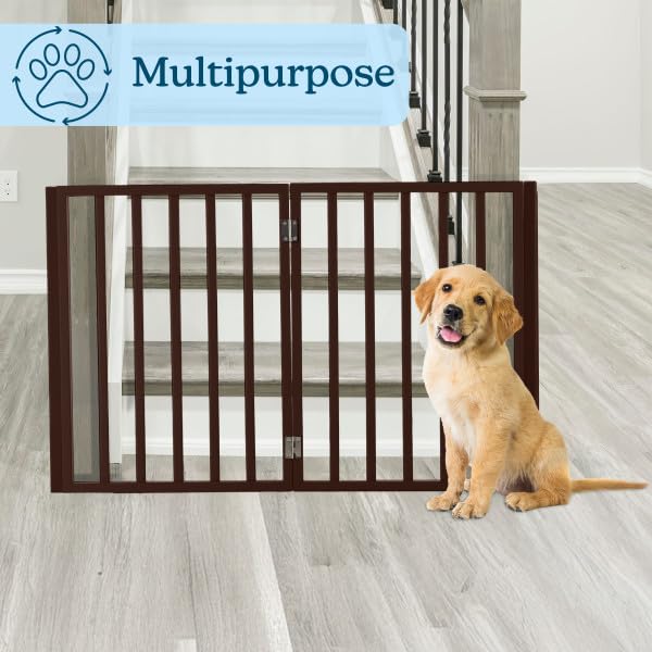Wooden Pet Gate- Foldable 4-Panel Indoor Barrier Fence, Freestanding & Lightweight Design for Dogs, Puppies, Pets- 72 x24” (Brown Stain)