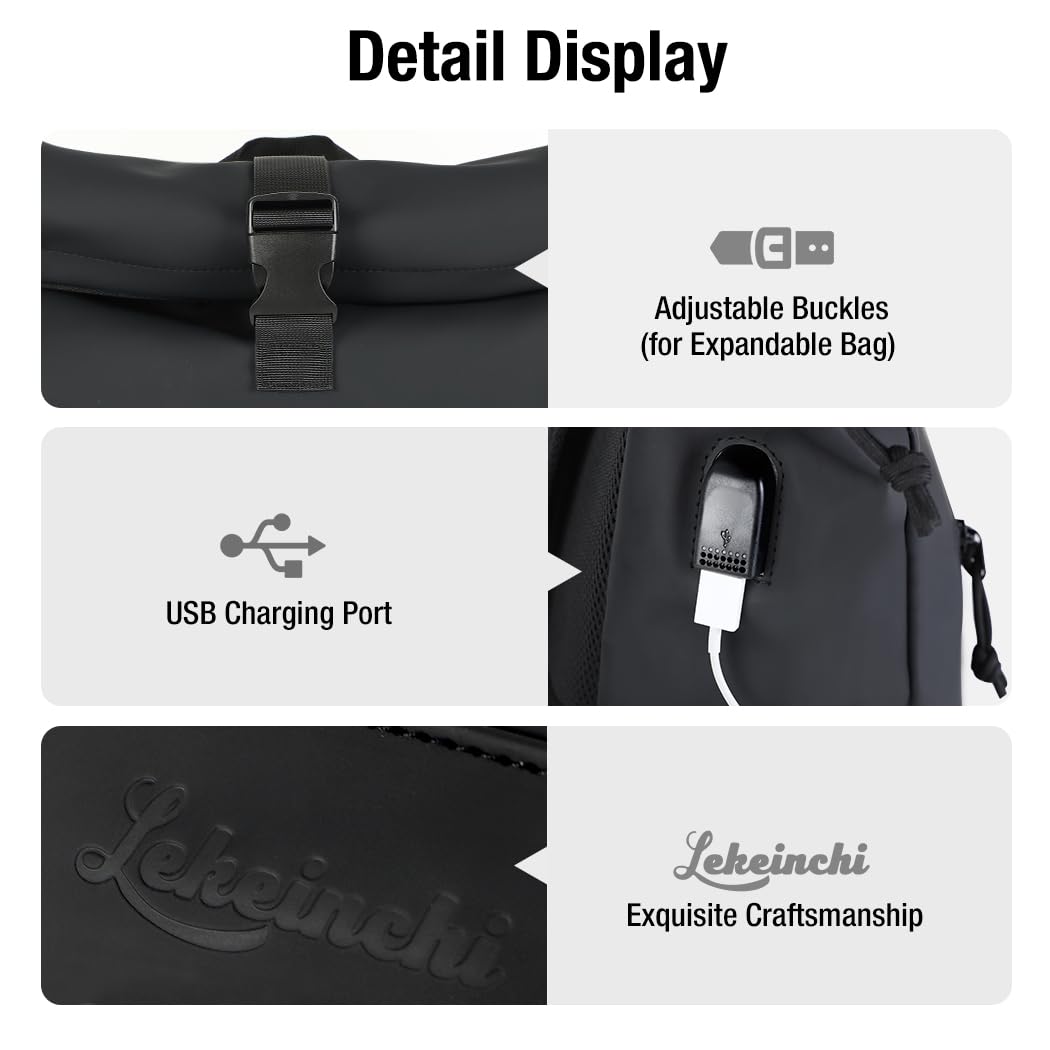 Lekeinchi Roll Top Backpack, Expandable Laptop Backpack with 17 Inch Compartments, Waterproof Travel Backpack for Men Women, Casual Daypack for School Work, Black(XL)