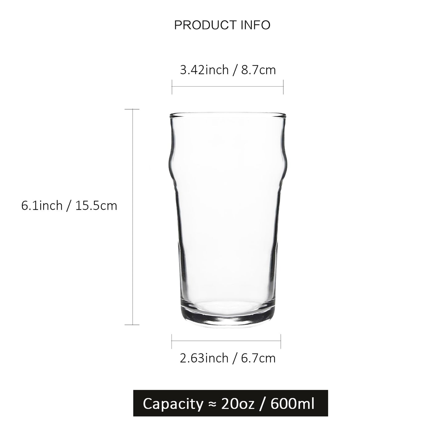 Beer Glasses Set of 6 - Print Glasses Set 20 Oz - 600 ml Craft Beer Ale Drinking Glasses with Traditional British Pub Design - Easy Stacking