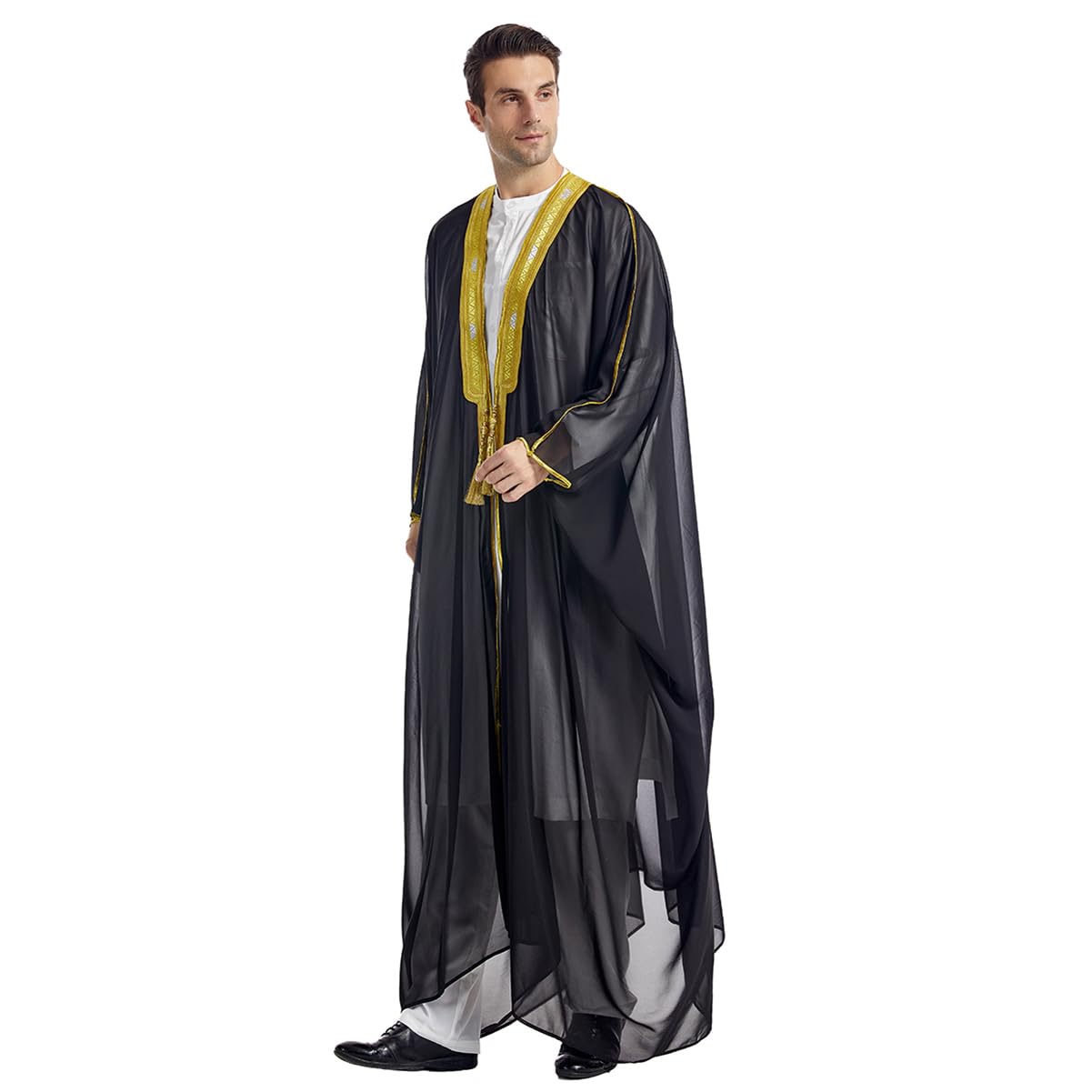 FYMNSI Men's Robe Muslim Clothes Kimono Loose Abaya Dresses Long Sleeve Embroidered Chiffon Kaftan Casual Formal Dubai Thobe, Black, Large