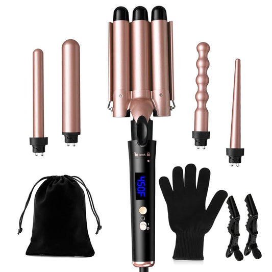 5 in 1 Curling Iron Set,Curling Iron Wand with 3 Barrel Hair Crimper(1.1inch) and 4 Interchangeable Ceramic Curling Wand(0.35"-1.25"), 4 Temp Heating Setting,Contain Protective Glove & 2 Clips