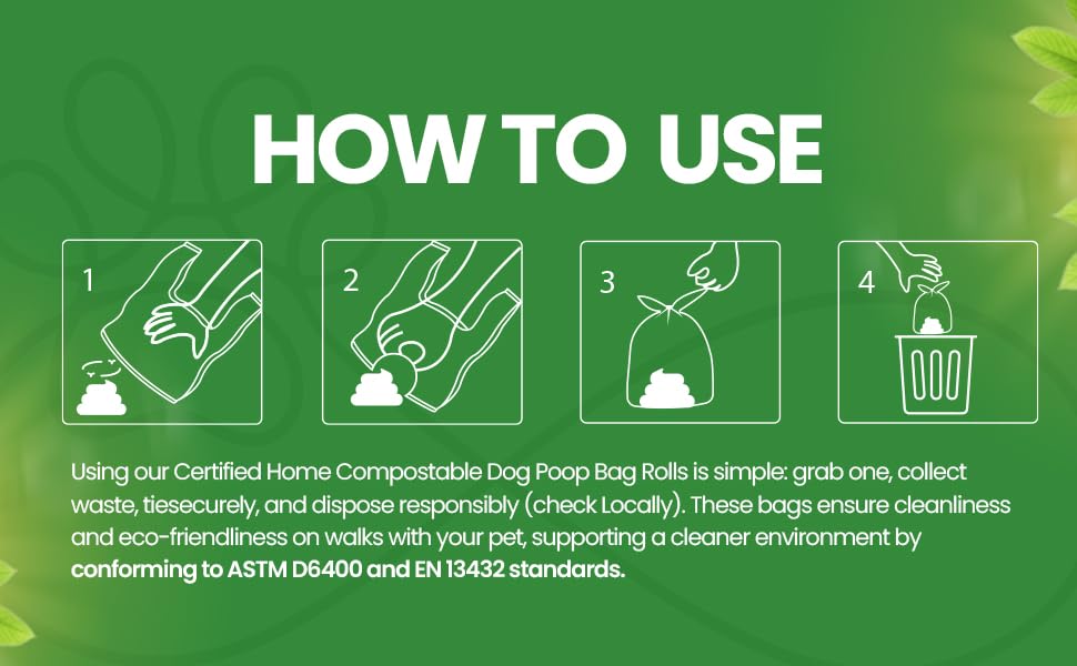 Certified Home Compostable Dog Poop Bag Rolls, 300 Count Tie-Handle & Gusseted Leak-Proof, Odor-Proof, Thick Blue Refill Rolls, Unscented