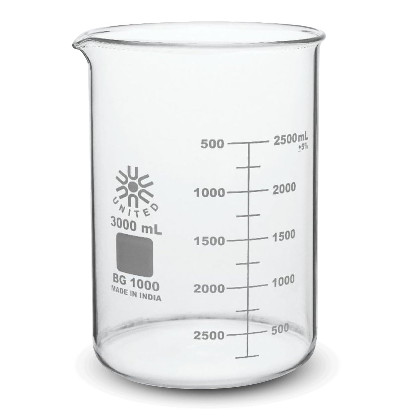 United Scientific BG1000-3000 Borosilicate Glass Low Form Beaker, 3000ml Capacity