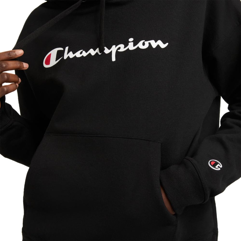 Champion, Powerblend, Fleece, Comfortable Hoodie Sweatshirt for Women (Plus, Black Script, Large