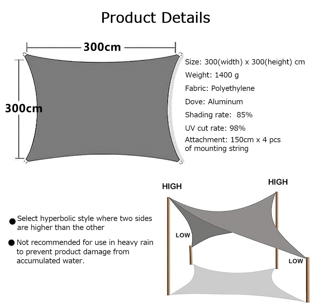 10ft×10ft Sun Shade Sail, Outdoor Rectangle Sun Sail Shade with 4 Ropes, Pergola Canopy, 95% UV Block, for Patio, Garden, Backyard, Lawn and Swimming Pool (10' x 10', Grey)