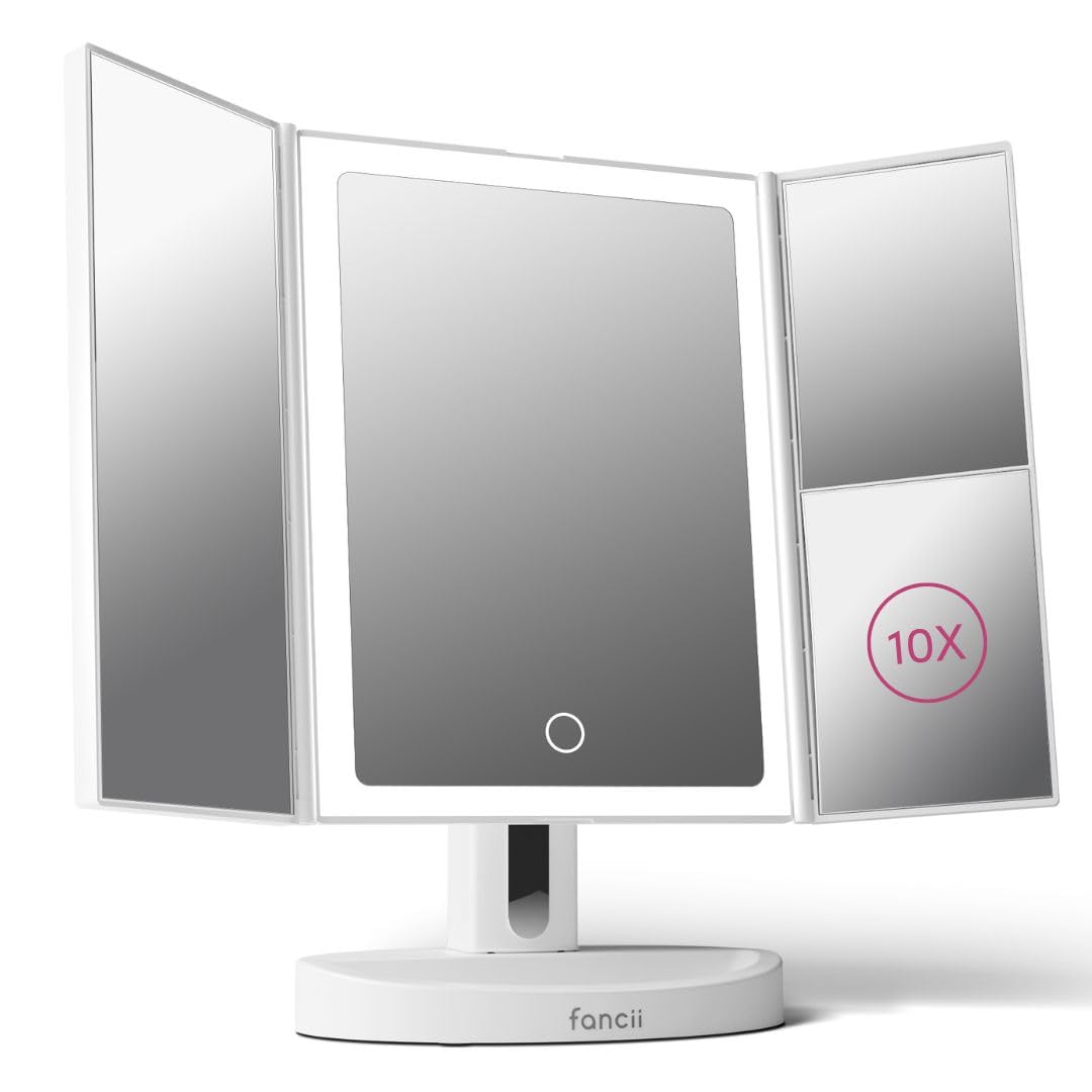 Fancii Vanity Makeup Mirror with LED Lights, 10x 5X 1X Magnification, Rechargeable - 68 Dimmable Natural Lights, Touch Sensor, Lighted Trifold Mirror with Stand (Proudly Canadian)