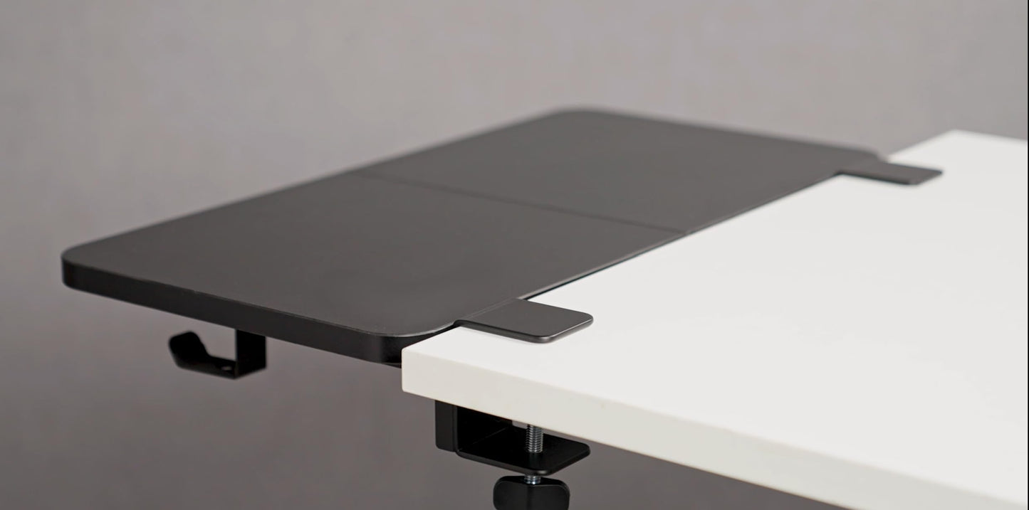 OfficeOzone Desk Extension Tray with Storage Holders, Heavy-Duty Clamp,Matte Black, Expand Workspace with Laptop & Headphone Holders