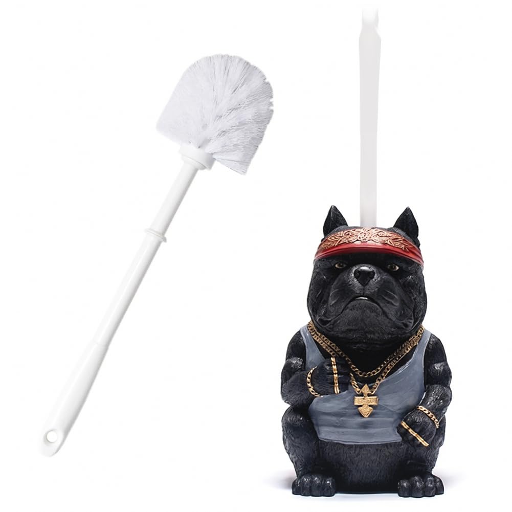 Home Luxe Bulldog Toilet Brush and Holder Set, Resin Decorative Dog Design, Weighted Non-Tip Base, Long Handle, Stiff PP Bristles (Hip-Hop Pup - Black)